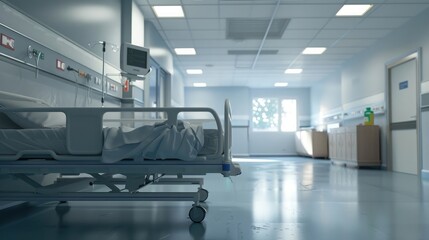 Empty Hospital bed specially designed for hospitalized patients, Hospital equipment, clean and modern, in the new medical center, Recovery Room comfortable medical, health concept, blurred image - obrazy, fototapety, plakaty