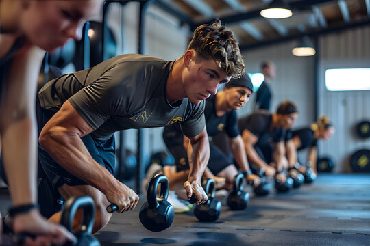 Dedicated Group of Individuals Participating in Kettlebell Workout in Modern Gym