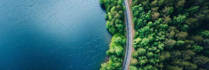 A birds eye view of a road winding next to a body of water, showcasing the scenic route along the waters edge - Powered by Adobe