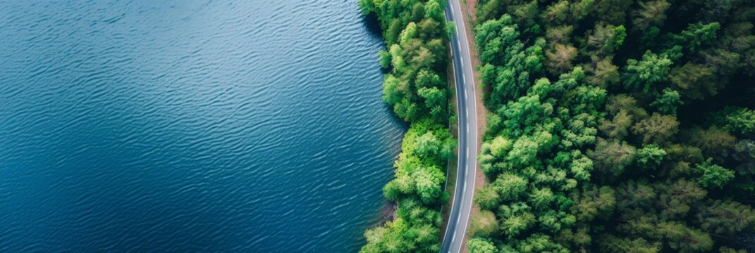 A birds eye view of a road winding next to a body of water, showcasing the scenic route along the waters edge