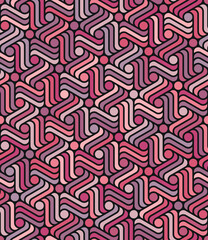 Red and pink striped interlocking hexagons on a black background. Abstract, geometric, and ornamental design. Seamless repeating pattern. Multicolored vector illustration.