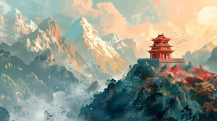 Serene Pilgrimage to a Majestic Buddhist Temple in the Himalayan Wilderness - obrazy, fototapety, plakaty