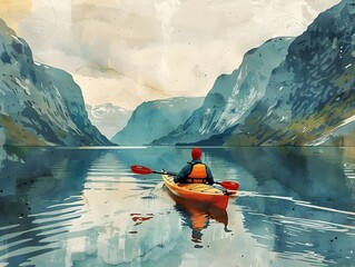 Serene kayak journey through majestic Norwegian fjords with pristine reflective waters and picturesque mountainous landscape