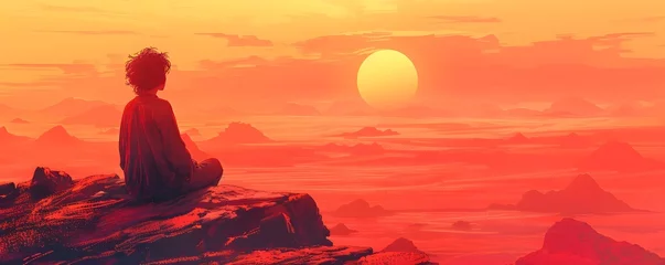 Rolgordijnen Meditating in the Vast Serene Desert at Ethereal Sunrise Finding Inner Peace and Tranquility in Nature s Grandeur © Thares2020