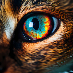 Close-up of a cats eyes with vibrant colors.