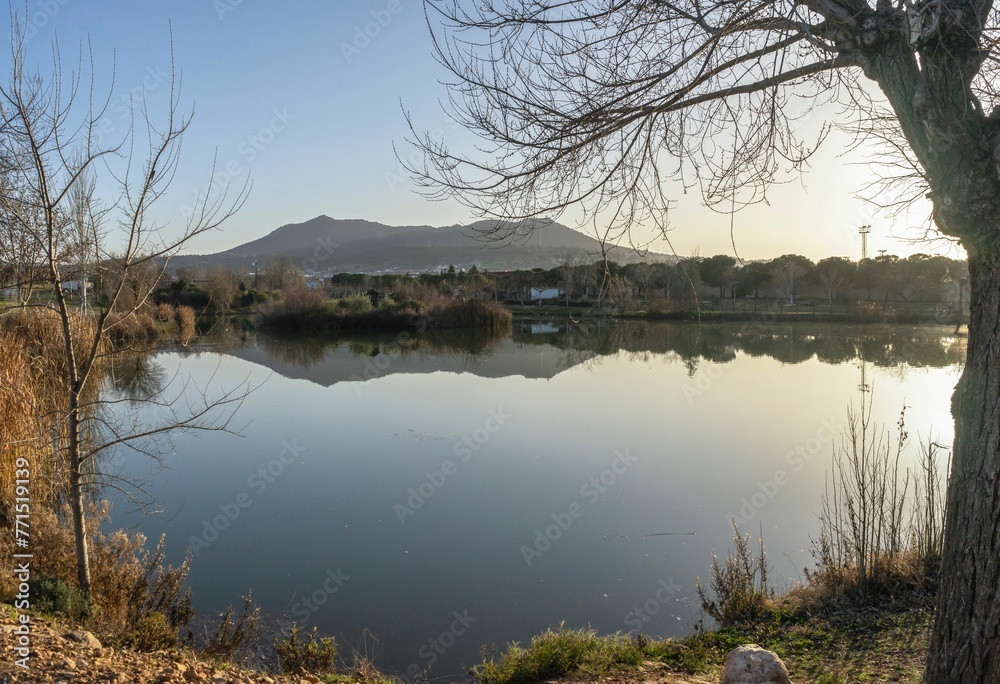 Wall mural beautiful landscape of a lake in spring reflecting the sunlight at sunset.