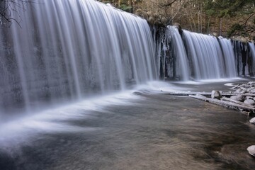 Waterfall of the Lozoya river, Pradillo reservoir in Madrid, Rascafria, Spain