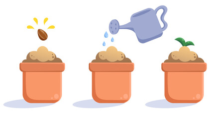 Color illustration in vector with the phases of seed growth. Ceramic pot with seed and watering can, sprout in the ground