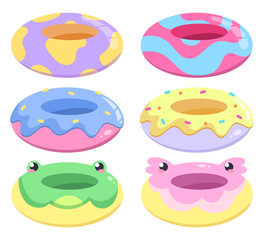 Colored vector set with beach icons. Summer inflatable rings for swimming in the sea or pool
