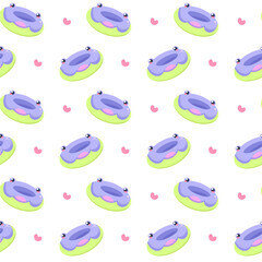 Colored vector pattern with an inflatable ring for swimming in the sea, pool, river or lake in the form of a frog. Pattern with frog and hearts