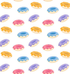 Colored vector pattern with different donuts. Blue, pink, purple and orange donuts with sprinkles and icing