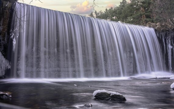 Waterfall of the Lozoya river, Pradillo reservoir in Madrid, Rascafria, Spain