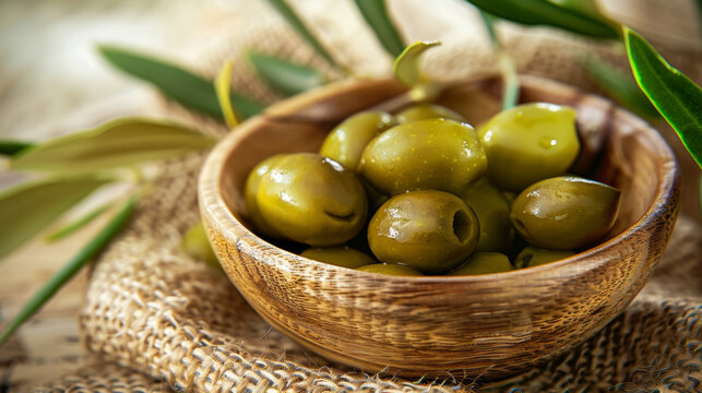 Olives in a wooden bowl on woven hemp tablecloth. Concept for for gourmet food markets and Olive Day