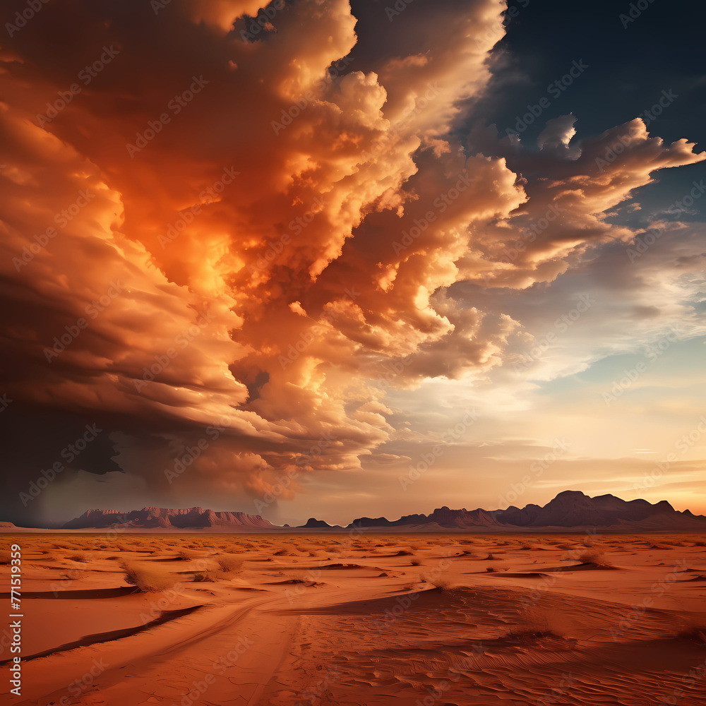 Poster Dramatic clouds over a desert landscape at sunset