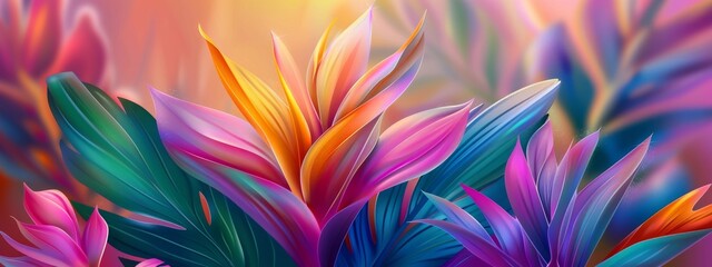 Fototapeta premium Colorful vibrant floral background of tropical plants and flowers. Generated AI.
