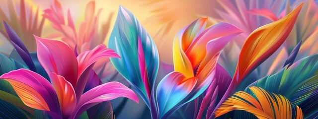 Colorful vibrant floral background of tropical plants and flowers. Generated AI. - obrazy, fototapety, plakaty