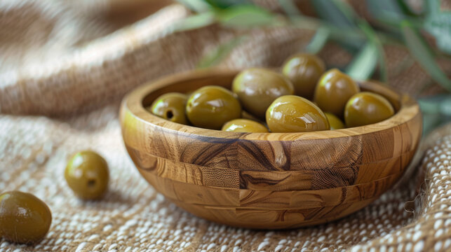 Olives in a wooden bowl on woven hemp tablecloth. Concept for for gourmet food markets and Olive Day