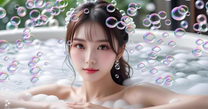 A beautiful and cute Asian girl model with clear and moist skin takes a bubble bath. Skin care, esthetics, spa, beauty images. 透明感と潤いのある肌の美しくてかわいいアジア人の女の子モデルが泡風呂に入る。スキンケア、エステ、スパ、美容イメージ。