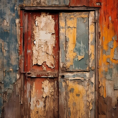 Rustic wooden door with peeling paint and interesting patterns