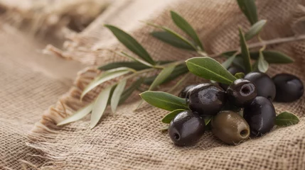 Foto op Plexiglas Olives on woven hemp tablecloth. Concept for for gourmet food markets and Olive Day © Synaptic Studio