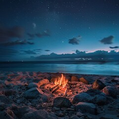 A beach bonfire pit with unlit logs and surrounding stones, ready for a night under the stars, no one around - obrazy, fototapety, plakaty