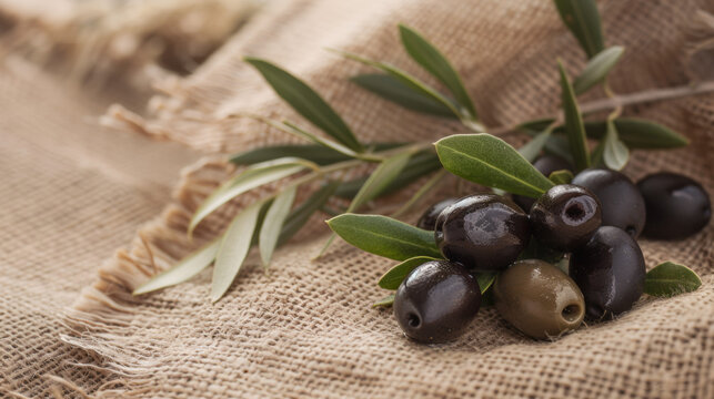 Olives on woven hemp tablecloth. Concept for for gourmet food markets and Olive Day