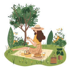 a woman having a picnic in a garden