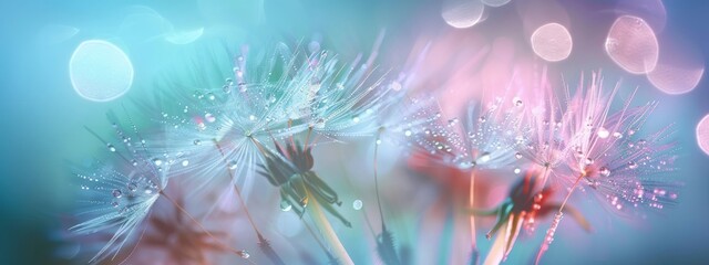 Dandelion Seeds in the drops of dew on a beautiful blurred background. Dandelions on a beautiful blue background. Drops of dew sparkle on the dandelion. - obrazy, fototapety, plakaty
