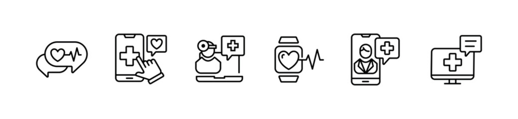 health care media digital consultation icon vector line set online doctor support diagnosis medicals assistant mobile symbol illustration