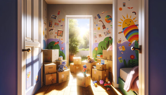 Image of a child's bedroom, with several cardboard boxes scattered among the packaging. A joyful but poignant moment of collecting childhood memories before moving to a new home.