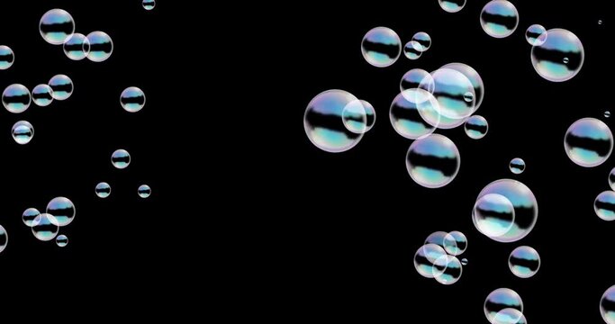 Particle background animation material where round soap bubbles (bubbles) appear in a rainbow pattern (black background). 虹模様に映る丸いシャボン玉（泡）が浮かび上がるパーティクル背景アニメーション素材(黒背景)