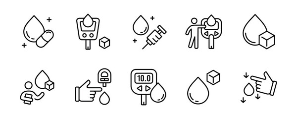 blood sugar glucose treatment icon vector set diabetes health check measurement dropped blood sign line illustration - obrazy, fototapety, plakaty