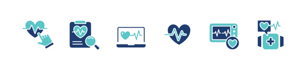 Fotobehang heartbeat monitoring cardiology diagnosis icon set cardiogram heart pulse medicals care vector illustration for web and app © elmantastic