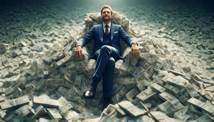Confident billionaire sitting on a huge pile of various banknotes. Wealth and prosperity concept. - obrazy, fototapety, plakaty