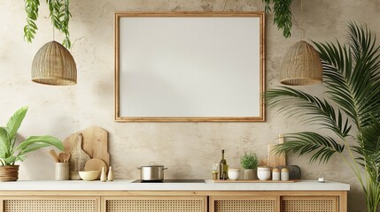 Frame mockup design, home kitchen interior in wood rattan style, 3D rendering - obrazy, fototapety, plakaty
