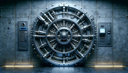 A round vault door in a bank, showing its complex design. The door is made of heavy metal with complex locking mechanisms visible. - obrazy, fototapety, plakaty