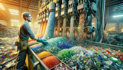 Waste recycling workshops where glass is recycled. Broken glass of different colors is sorted by a machine, and a worker watches the process in safety glasses and gloves against the background of larg - obrazy, fototapety, plakaty
