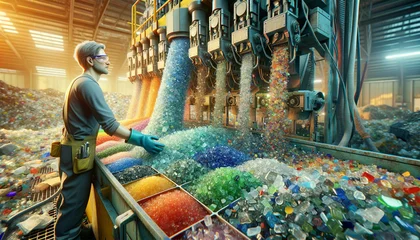 Fotobehang Waste recycling workshops where glass is recycled. Broken glass of different colors is sorted by a machine, and a worker watches the process in safety glasses and gloves against the background of larg © Jakob
