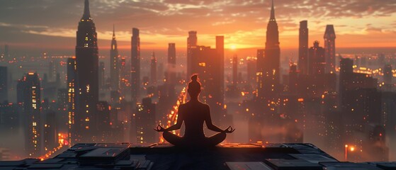 A citys heartbeat slows as a yogi poses on a rooftop, skyscrapers bowing to the rhythm of breath