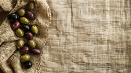 Olives on woven hemp tablecloth. Concept for for gourmet food markets and Olive Day
