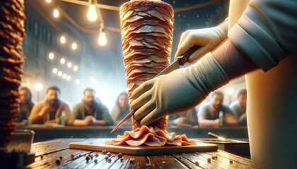 Close-up image of a doner chef in a modern, well-lit food showroom cutting a piece from a large, delicious doner kebab. Cooking with modern equipment. - obrazy, fototapety, plakaty