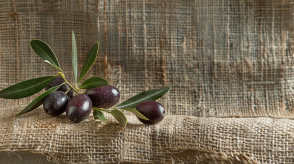 Olives on woven hemp tablecloth. Concept for for gourmet food markets and Olive Day