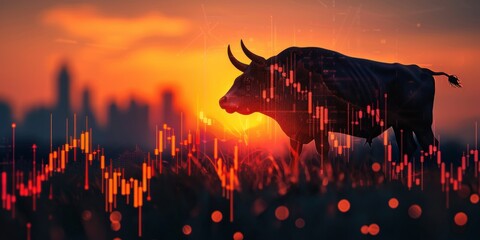 Bullish figure stands tall against a backdrop of a soaring stock market graph - obrazy, fototapety, plakaty