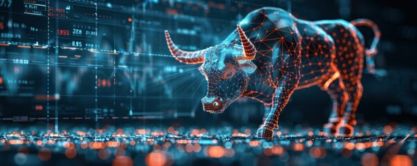 A sleek, modern representation of a bull amidst a digital stock trading interface - obrazy, fototapety, plakaty