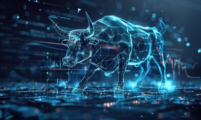 A futuristic bull silhouette against a digital trading interface