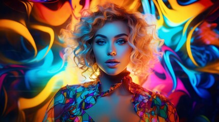A beautiful blonde woman with curly hair poses on a multicolored background with neon lights in the studio. Face cosmetics, skin care products, Makeup artist, Beauty Studio concepts.