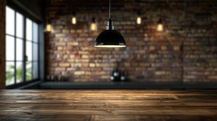 Empty wooden tabletop loft-style interior with a brick wall, black ceiling lamp, background, shop decor loft style N?reated, illustration - obrazy, fototapety, plakaty