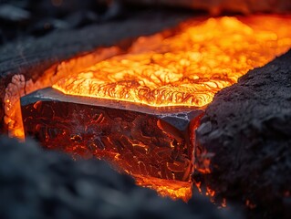 A closeup of the intense glow of metal in the forge, emphasizing the high temperatures needed to shape the material - obrazy, fototapety, plakaty