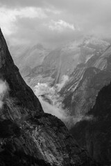 And white photograph of a valley seen from a high vantage point in Yosemite National Park