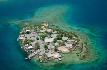 Aerial view of island village at Kuna Yala. San Blas archipelago, Caibbean, Panama, Central America...